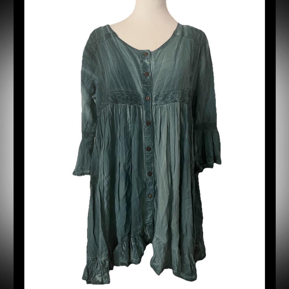 Back In The Saddle Teal Tie Dye Wash Western Country Dress Button Up Medium